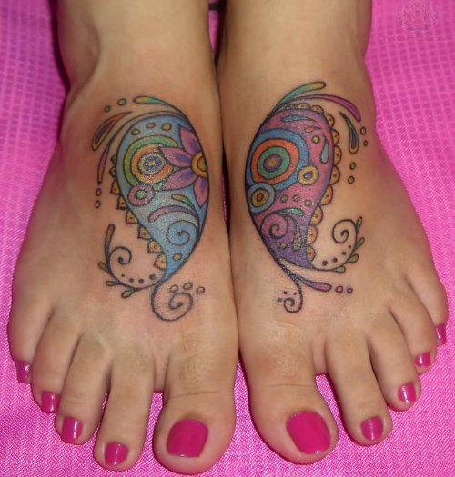 Color Ink Paisley Tattoos On Feet